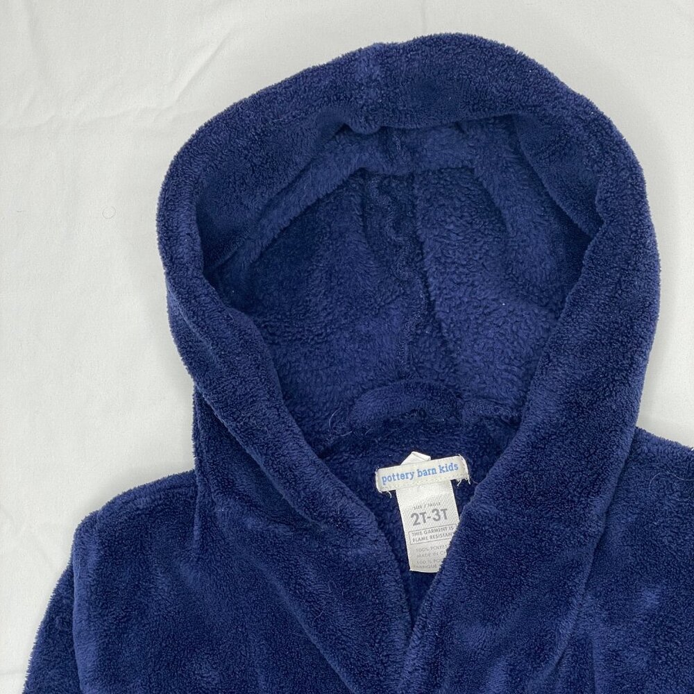Pottery Barn Kids Baby Toddler Plush Hooded Fleece Bath Robe Navy Blue 2T - 3T - Picture 3 of 10